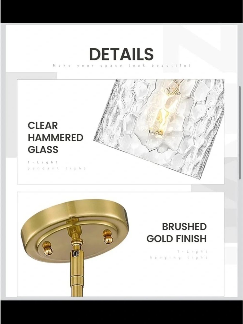 1 Vintage Style Hammered Glass & Gold Pendent Light - New in Box